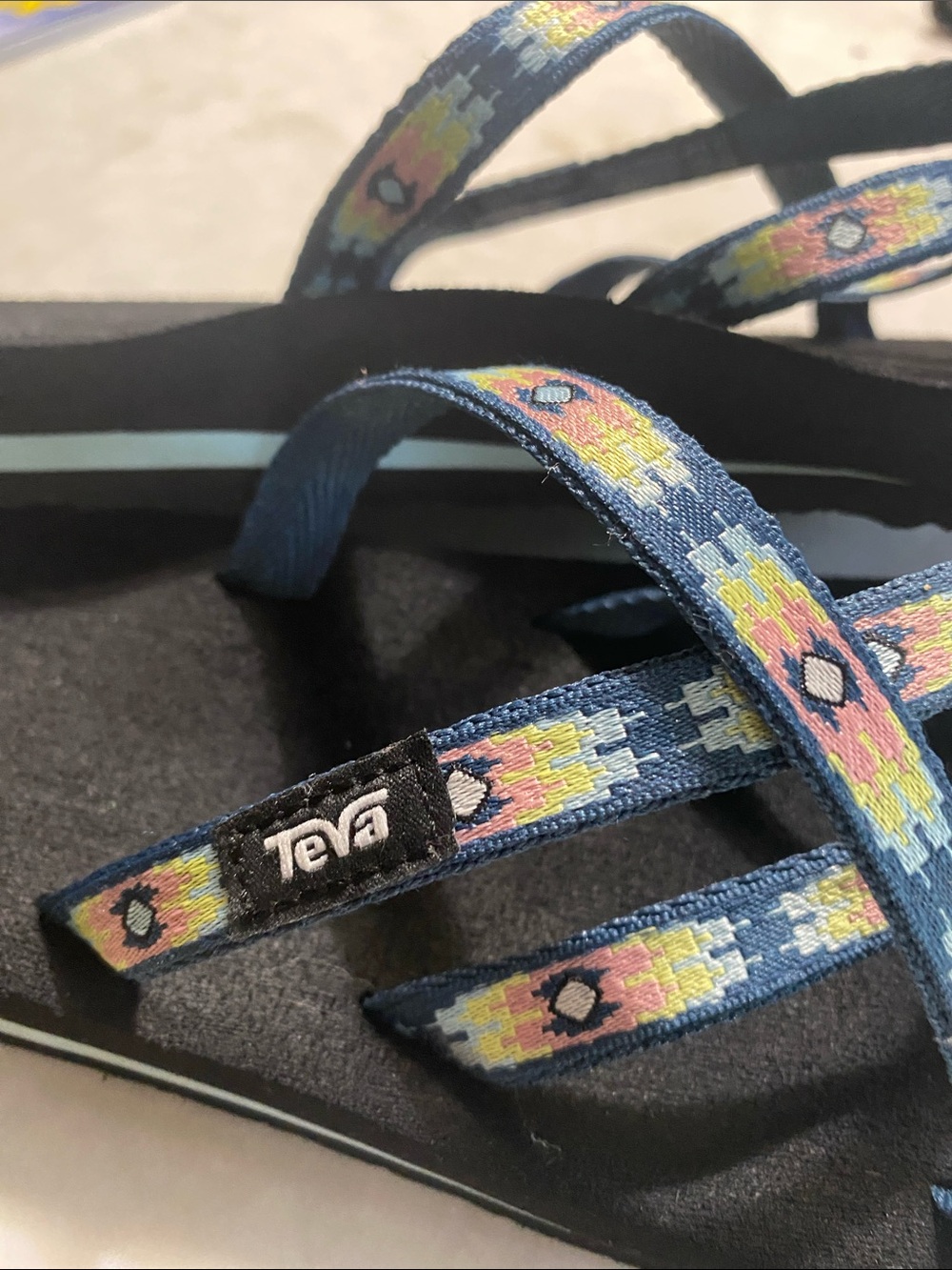 Teva Navy Sandals with Pink and Yellow Geometric Floral Straps